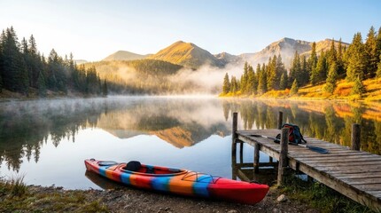Naklejka premium A colorful kayak rests on a wooden dock beside a calm lake. Mist hangs over the mountains in the background, creating a serene and picturesque scene.