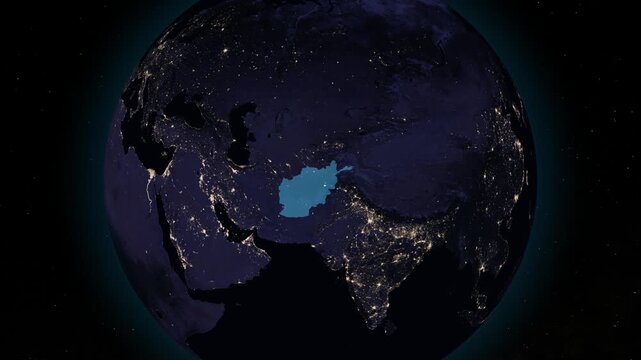 Afghanistan night globe. City lights, zoom, spin, outline glow, pullback, ring reveal for Afghanistan. Elements of the animation furnished by NASA.