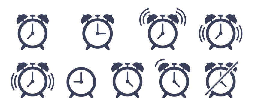 Alarm clock icons with different states. Time management symbols for visual communication. Snooze, ringing, off, broken, muted, silent, alarm clocks. Minimalist vector illustration.