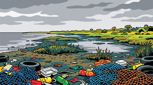 Polluted shoreline with plastic waste and fishing nets contaminating the natural environment