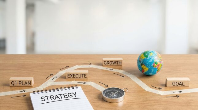 A wooden table displays a Q1 plan, a strategy document, and a small globe. Arrows indicate a path from the plan to execute, then to growth, and finally to a goal.