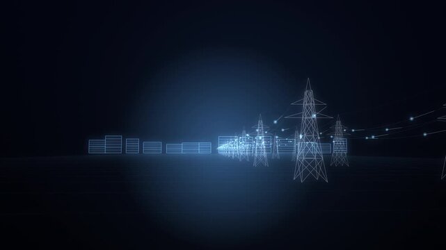 Wireframe power lines send blue energy pulses to a glowing data center at night, seamless loop