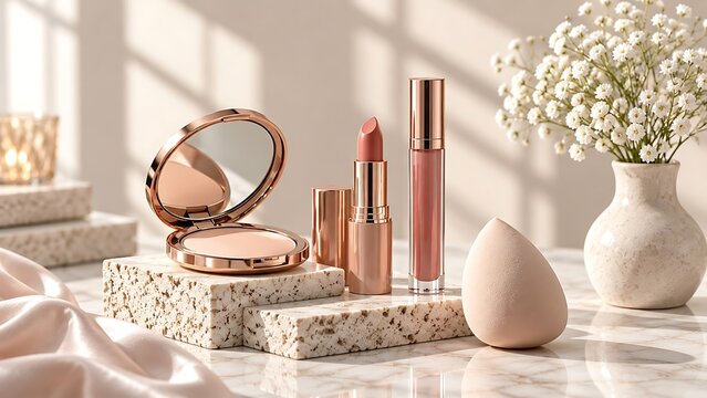 Modern cosmetics product display featuring luxury makeup on travertine stone podiums with natural sunlight