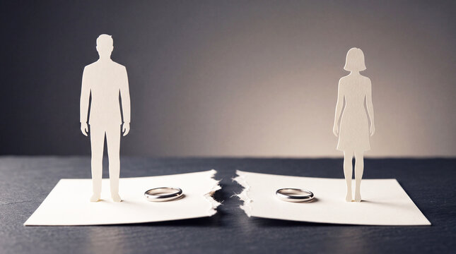 Concept of divorce, marriage breakdown and separation representing the end of a marital relationship and emotional disconnection between spouses.