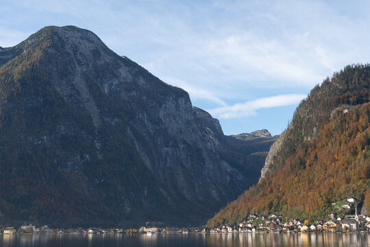 Lakeside Village with Mountain and Autumn Forest