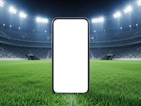 Smartphone with blank white screen on a green grass field at a sports stadium