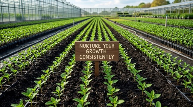 Greenhouse full of young plants in rows with a sign encouraging growth and consistency