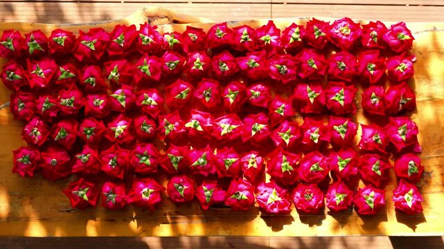 Red rose buds arranged in rows on a wooden table for floral decoration