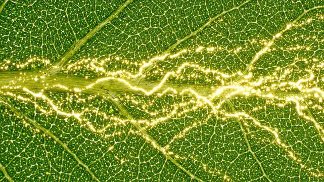 Healthy green leaf absorbing sunlight, with delicate golden streams of light entering the leaf surface and gradually transitioning into a subtle glowing energy flow through the natural leaf veins