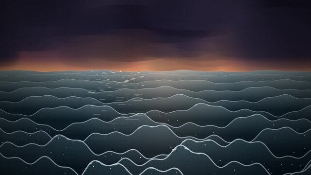 Animated stormy ocean waves moving under a dark gloomy sunset sky