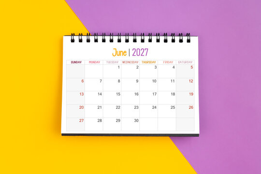 June 2027 Monthly desk calendar for 2027 year on yellow and purple color background.