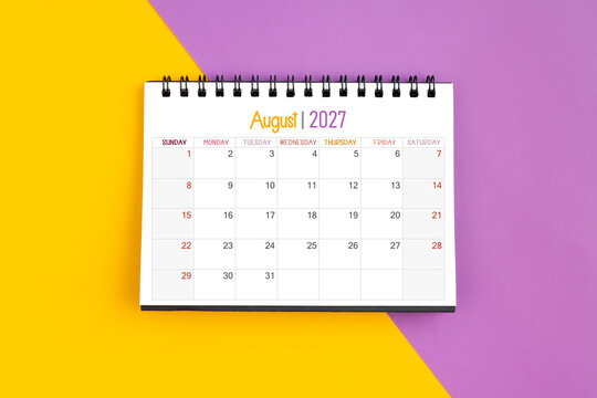 August 2027 Monthly desk calendar for 2027 year on yellow and purple color background.