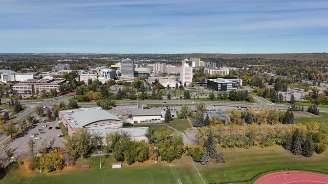 Aerial view of the campus of the University of Calgary in Calgary, Alberta. 