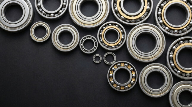 Industrial precision ball bearings of various sizes arranged artfully on a dark matte textured surface, showcasing metallic steel rings, brass cages, and polished chrome balls in crisp commercial