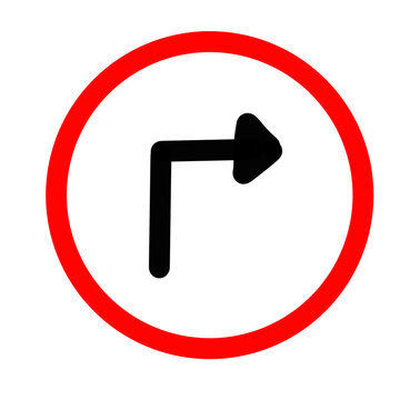 Turn right traffic sign icon with a black bent arrow inside a red circle, isolated on a transparent background