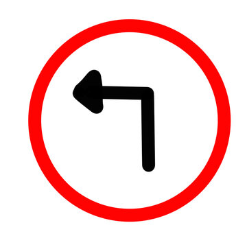 Turn left traffic sign icon with a black bent arrow inside a red circle, isolated on a transparent background