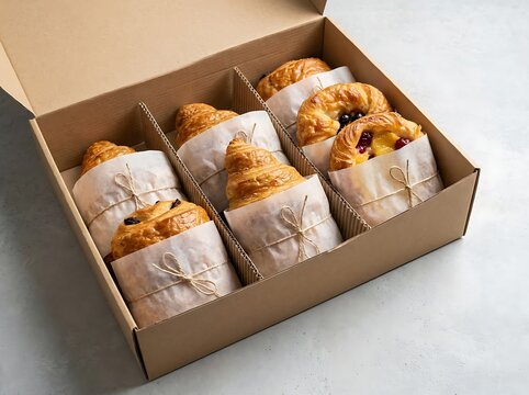 A collection of fresh baked sweet pastries inside a brown cardboard gift box for bakery delivery. pastry delivery wraps