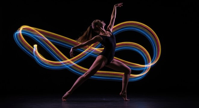 Woman dancing with colorful light trails.