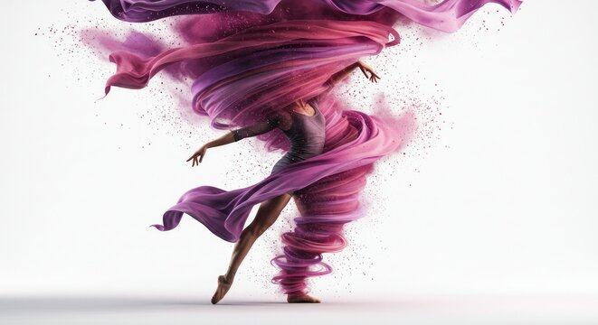 Woman dancing with flowing pink fabric.