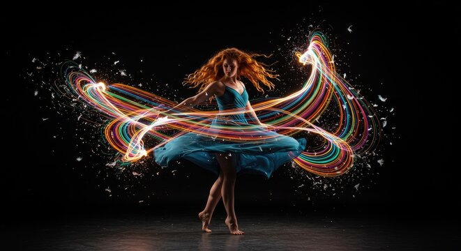 Woman dancing with colorful light trails.