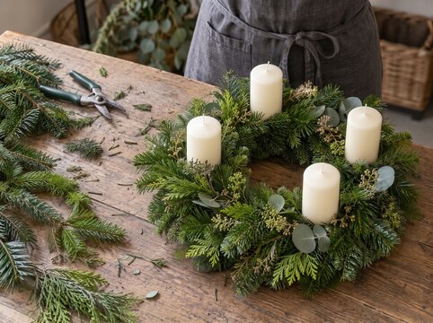 Evergreen Advent wreath with four candles on a worktable