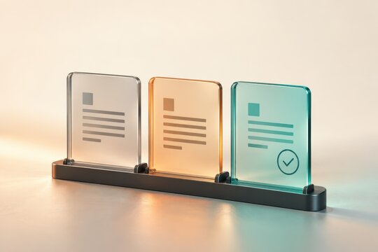 Three translucent glass document icons representing a process flow