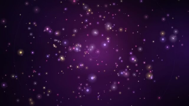Abstract purple space background with glowing particles and shimmering stars floating in deep cosmic void
