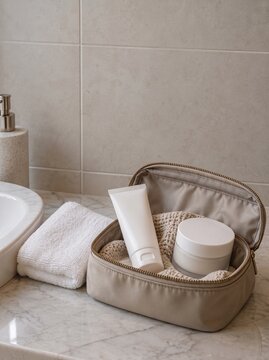 Plain skincare containers in an open travel toiletry pouch