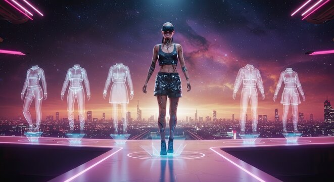 Woman walking with glowing digital clones.