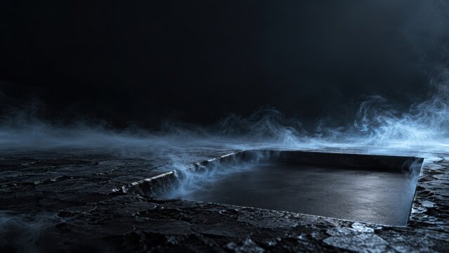 Dark cracked ground with mysterious fog and empty pit 3D render