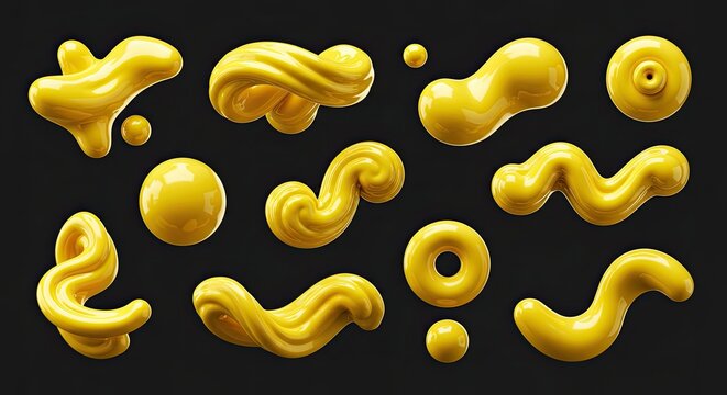 Yellow Liquid Splash Shapes on Black Background.