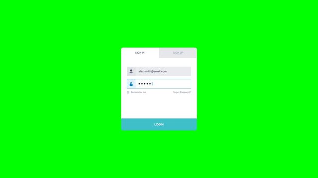Animated User Login Form Interface with Typing Action and Button Click on Green Screen Chroma Key
