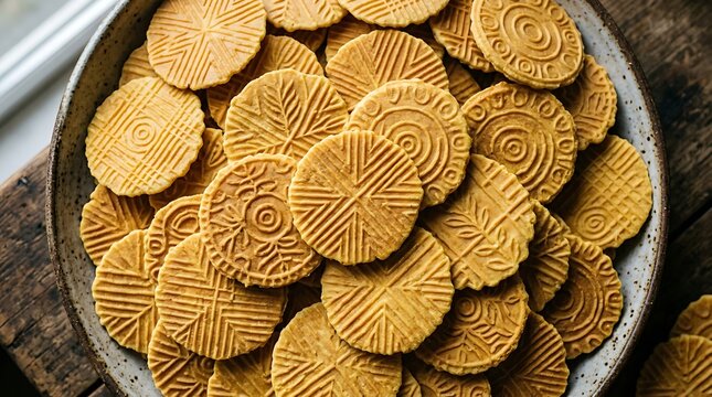 A ceramic bowl filled with traditional crisp patterned Norwegian krumkake wafer cookies