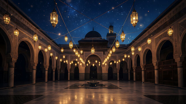 Beautiful illuminated mosque courtyard at night for Ramadan