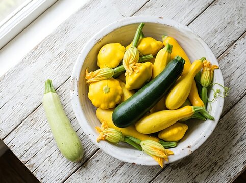 Freshly harvested yellow summer squash and green zucchini in a ceramic bowl on a rustic white wooden table