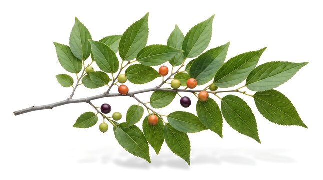 A leafy branch of a hackberry tree with ripening berries on a white background.