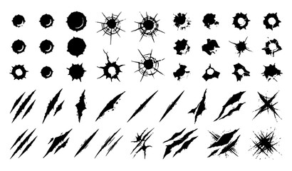 Fototapeta premium Retro vector bullet and slash marks collection with black grunge bullet holes, cracked glass impacts, claw scratches, torn cuts and distressed splatter effects