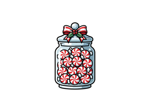 Christmas Candy Jar Filled With Red And White Peppermint Sweets Holly Leaves And Striped Ribbon Bow.