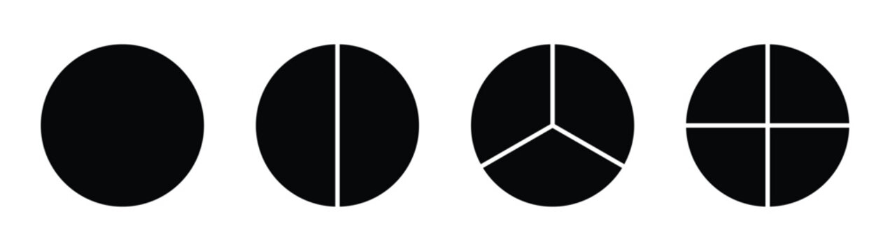 Circle divided into 1, 2, 3, 4 equal segments. two, three, four parts. half, one third and one fourth fraction circle. Vector illustration.
