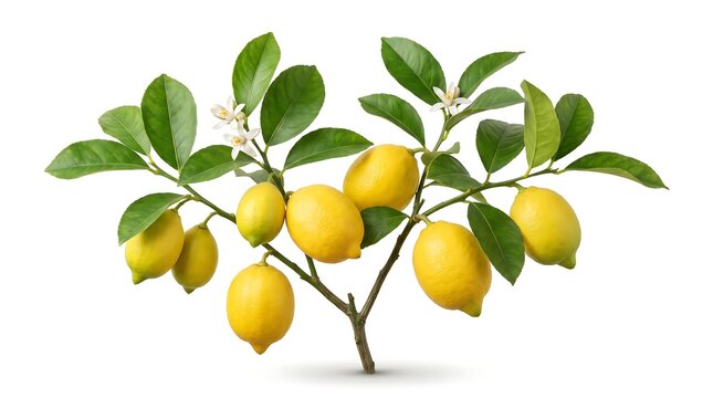 A branch of a lemon tree with ripe yellow lemons and white flowers.