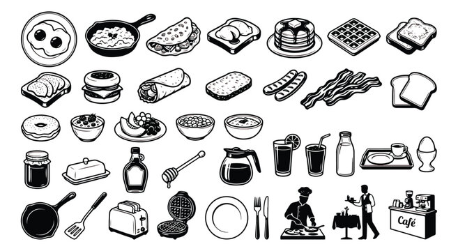 Retro breakfast food icons set, vintage black and white restaurant menu graphics, 40 morning meal vector elements, cafe and diner kitchen illustrations