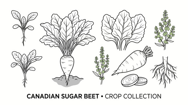 Very beautiful black and white flat vector botanical collection featuring Canadian sugar beet plant, young seedling, broad leaves, small flowers, large sugar beet root, beet slices, roots, label "CANA