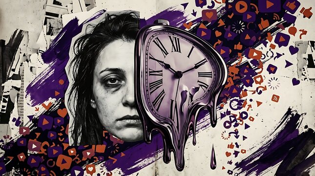 Surreal melting clock on woman's face. Grunge collage art with purple and red abstract paint splashes, distressed photo background.