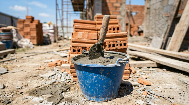 A blue plastic construction bucket filled with wet gray mortar sits on a dirt ground at a residential building site, featuring a metal trowel with a wooden handle resting inside the cement mix.