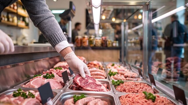 Butcher Wearing Protective White Glove Arranging Fresh Raw Beef Steaks, Pork, and Gourmet Sausages in Glass Display Counter at Local Butchery Shop, Meat Market and Grocery Delicatessen