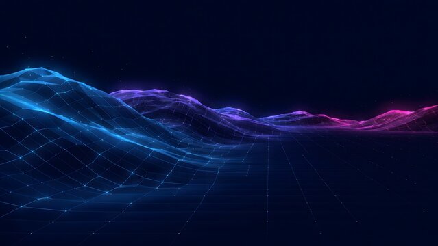 Cyberpunk digital landscape with glowing blue and purple wireframe grid terrain background.