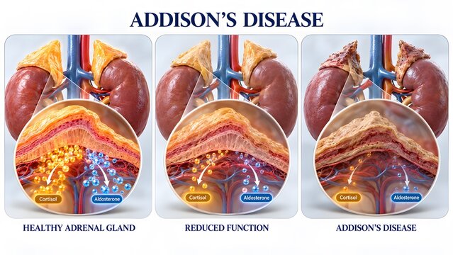 AI generated Addison's disease medical illustration showing adrenal gland function stages and hormone levels.