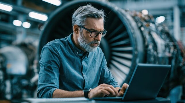Professional aerospace engineer working on a laptop beside a large jet engine turbine in a modern aircraft manufacturing and maintenance facility.