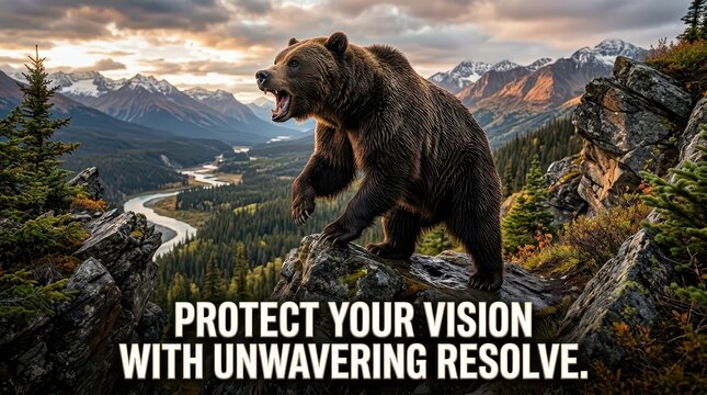 Grizzly bear roaring on a rocky mountain peak with a scenic valley and river below