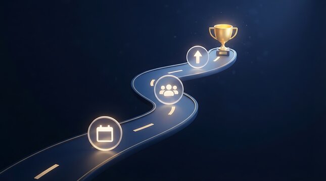 Glowing winding road with golden milestone icons leading to a trophy, business success journey and achievement concept